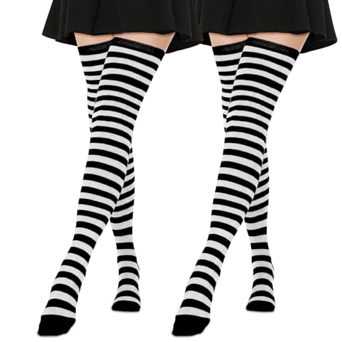 Image of AQOKKA Extra Long Thigh High Socks for Women Striped Over Knee Thigh Socks Long Boot Thigh High Stockings Leg Warmers