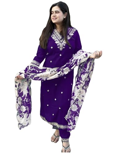 Image of GoSriKi Women's Rayon Blend Straight Embroidered Kurta with Pant & Dupatta