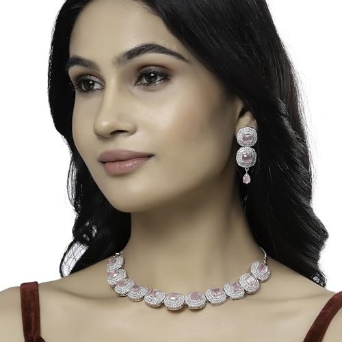 Image of ZENEME Rhodium Plated Silver Toned Triangular Shaped American Diamond Studded Jewellery Set For Women and Girl