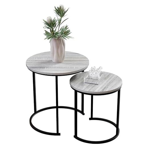 Vida Designs Brooklyn Nest of 2 Round Tables Living Room Stacking side End Tables Metal Frame (Grey)