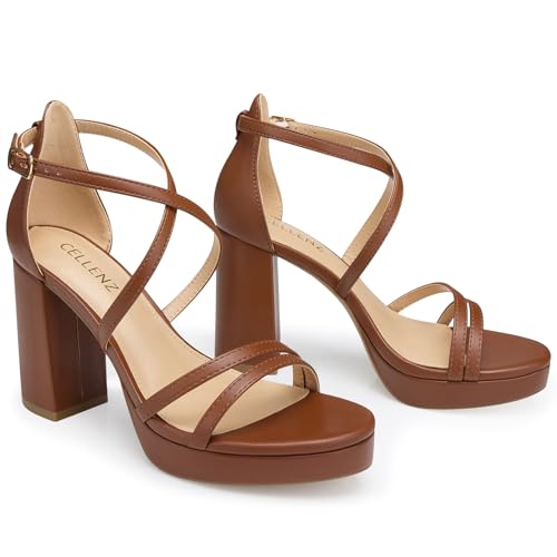 Image of CELLENZ Women Strappy Platform Heels: 3.4 Inch Chunky Heeled Sandals, Comfortable Sexy Block High Heels, for Prom Party Bridal Wedding Black White Silver Nude Dressy Shoes