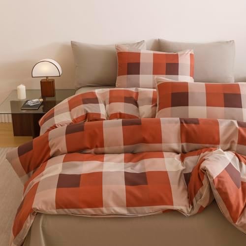 Wellboo Red Plaid Comforter Sets King Size Taupe and Orange Grid Bedding - 3