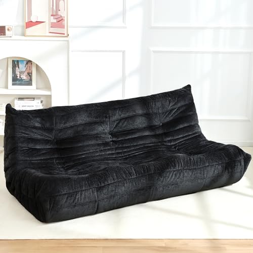 Homguava Giant Bean Bag Chairs for Adults, Memory Foam BeanBag Fireside Chair Bean Bag, Lazy Floor Sofa with High-Rebound Foam, Sofa Couch for Living Room Bedroom Dorm Office (Black, 3-Seater)