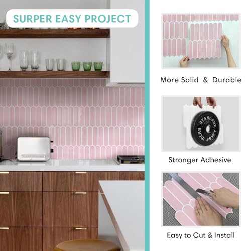 Commomy Thicker Pink Peel and Stick Tile Backsplash - 10 pcs of 12" x 12" - 3D Adhesive Peel and Stick Backsplash for Kitchen, Bathroom, Removable, Waterproof, Vinyl Wall Tile by Commomy - Image 6
