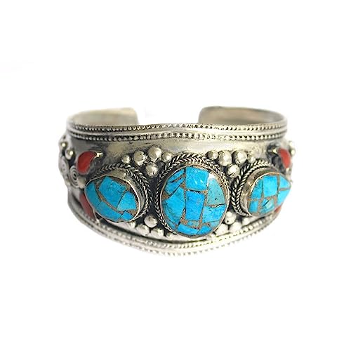 Blue Stabilized-Turquoise & Red Coral Mosaic Cuff Bracelet | Adjustable Ornate Jewelry For Men & Women | Limited Edition #TOP20