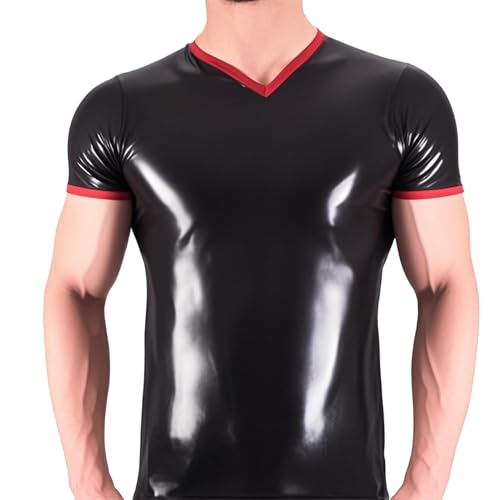 IOKUKI Top en Latex Noir avec Bordure Rouge,T-Shirt en Latex Naturel Fait à La Main-L