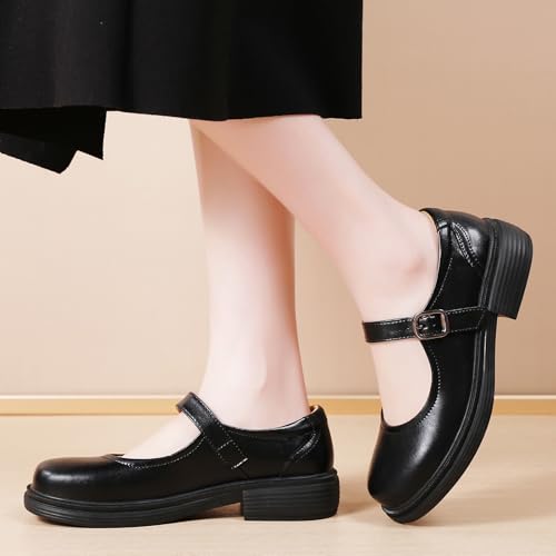 Image of Women Black Mary Jane Flats Non Slip Comfort Office Work Dress School Shoes | OKJ Women's mary janes flat Platform Comfortable maryjane patent leather Dressy Round Toe chunky Cute Shoes