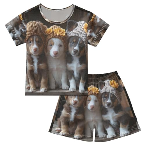 ALAZA Puppy Dog with Flower 3d Pajamas Set Short Sleeve Cotton Sleepwear Summer Pjs 2 Piece 5-14Y