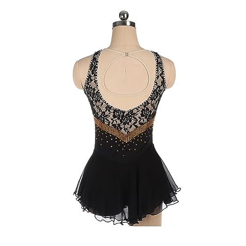 Vestido de Patinação Artística, Simples Sem Manga, Renda com Strass, Competição de Patinação Artísti