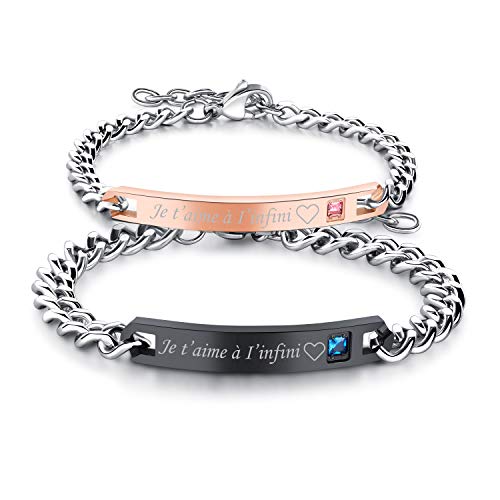 Flongo 2PCS Bracelets Acier Inoxydable Je T’Aime Chaînes de Main Composés Zircon pour Couples Amoureux Femme Homme Or Rose&Noir Cadeaux Saint Valentin Mariage Cover