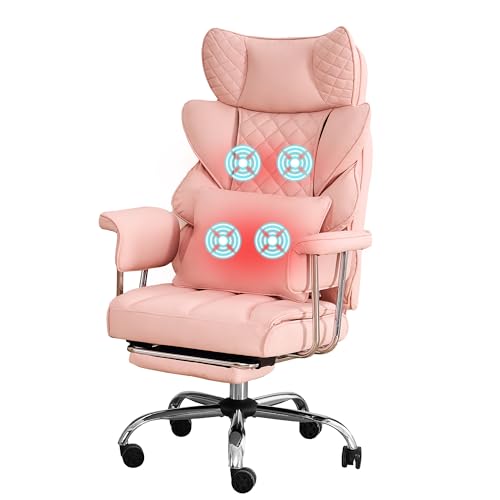 DYHOME 500 Lbs Kneading Massage Office Chair with Foot Rest Ergonomic Reclining Home Computer Chair High Back Thick Cushion Big & Tall Office Chair Comfy Leather Heavy Duty Executive Chair Pink