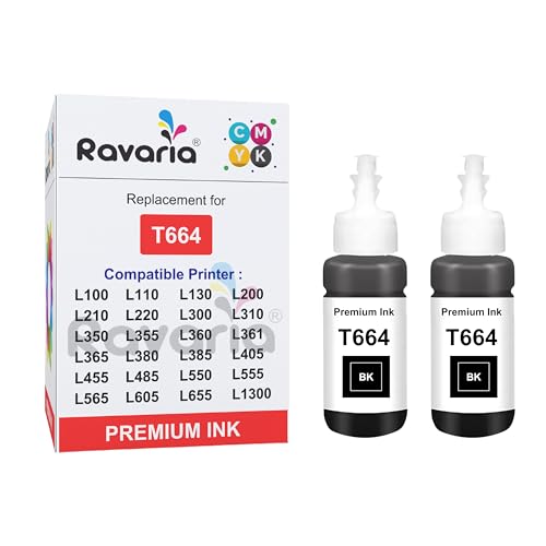 Image of T664 Compatible Ink for Ep L100, L110, L130, L200, L210, L220, L300, L310, L350, L355, L360 L361, L365, L380, L385, L405, L455, L485, L550, L555, L565 Printer (T664 Black 2 Pcs)