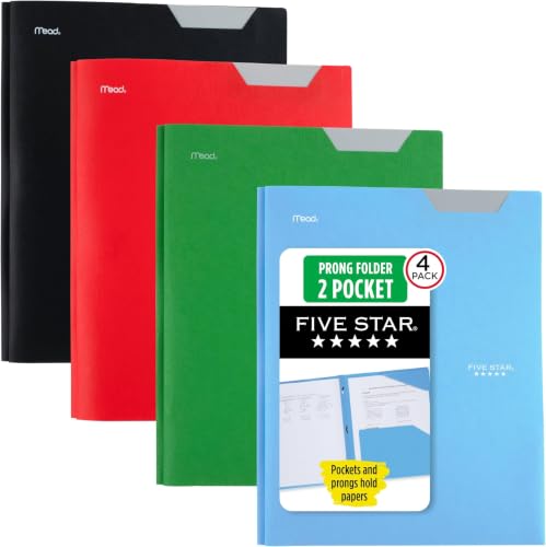 Image of Five Star 2-Pocket Folder,Plastic Folder with Stay-Put Tabs and Prong Fasteners,Holds 8-1 /2 inch x 11 inch Paper,Black,Fire Red,Forest Green,Pacific Blue (38048),(Pack of 24)