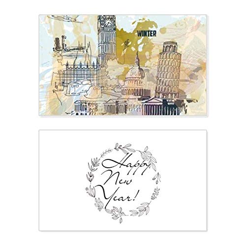 Tarjeta conmemorativa Big Ben y Torre de Pisa para compartir deseos de Año Nuevo en inglés