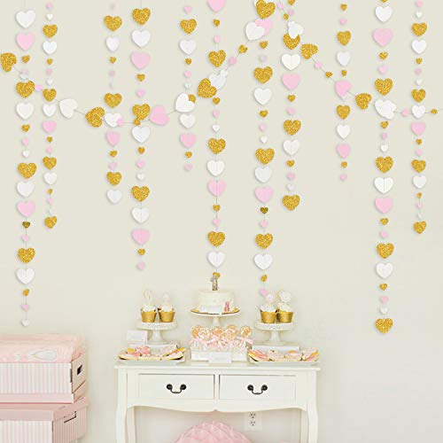 52 Ft Pink And Gold White Love Heart Garland Hanging Paper Streamer Banner For Anniversary Mother's Day Valentines Day Bachelorette Engagement Wedding Bridal Baby Shower Birthday Party Decorations #TOP3