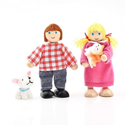 Wooden Dolls House People with Cat and Dog, Happy Family Dolls figures Set for Dollhouse Playset Accessories Gift - Image 4