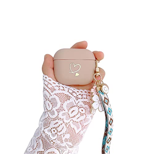 Ownest Compatible avec Coque Airpods Pro Silicone Étui Motif Coeur Doré Mignon en Souple Housse de Protection Case Fleurs Porte-clés Antichoc Cover pour Filles Femme Coque pour Airpods Pro-Brun Cover
