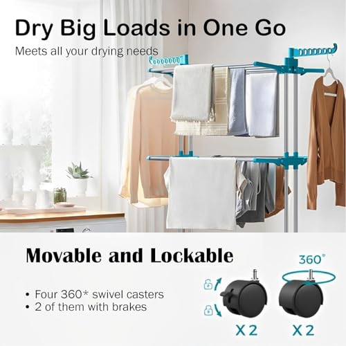 Image of JD FRESH 3 Tier Stainless Steel Clothes Drying Stand /Cloth Dryer for Balcony /Indoor /Outdoor /Space Saving Cloth Hanger Stand with 24 Rods /Big Foldable Laundry Rack with Wheels (Blue)
