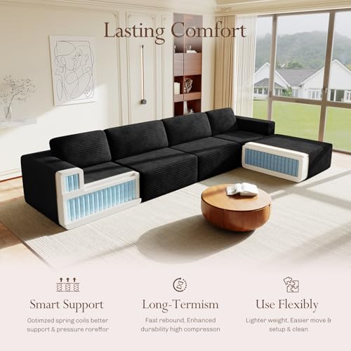 Image of Vesgantti 159 inch Large Modular Sectional Sofa, L-Shaped Corduroy Cloud Couch with Deep Seats & Spring Support, 4-Seater Boneless Sofa with Movable Ottoman, No Assembly Needed, Black