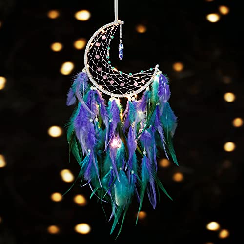 Dremisland Moon Dream Catcher with Fairy Lights-Handmade Feather Lucky Turquoise Pendant Beads Wall Hanging Ornament for Kids Bedroom Home Decoration,Art Craft Gift. (Blue&Purple)