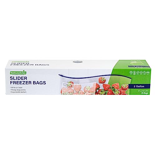 Image of Restaurantware-Bag Tek 2 Gallon Freezer Slider Bags, 25 Disposable Zipper Pouch Bags - Slide Zipper, Expandable Bottom, Clear Plastic Freezer Bag, With Write-On-Label, For Food Storage