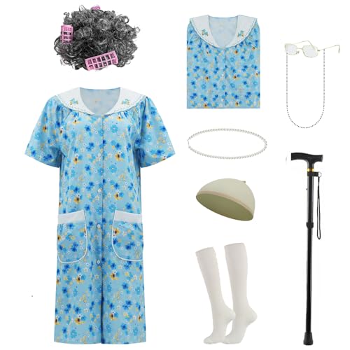 AYYOHON Old Lady Costume for Women Grandma Costume Kit with Nightgown Old Lady Dress Granny Costume Halloween Outfits L/XL
