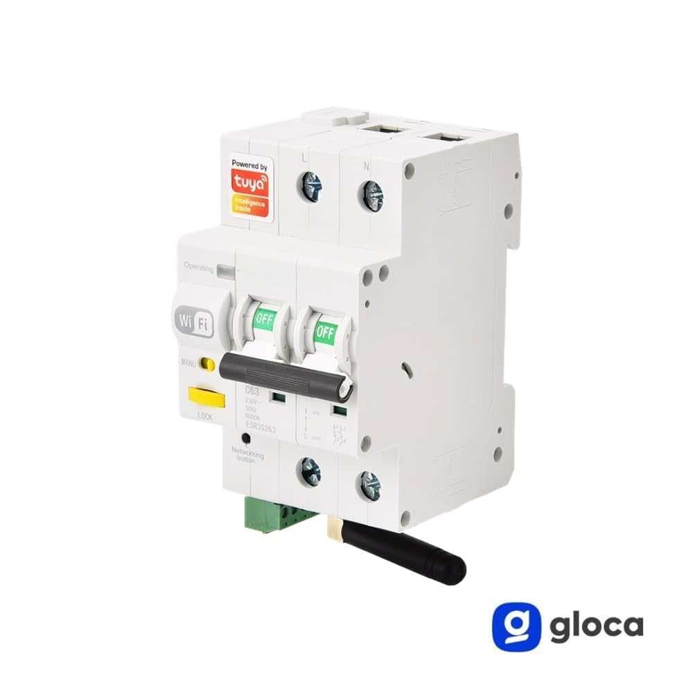 gloca Interruttore Magnetotermico Wi-Fi Smart Conta Energia Con App Tuya Smart Riarmo Automatico Tramite APP 3M 2P 63A 220V