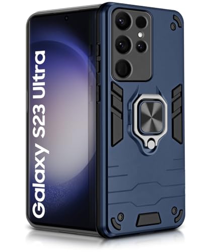 Image of WOW IMAGINE Shock Proof Back Case Mobile Cover for Samsung Galaxy S23 Ultra 5G | Back Cover Case (Tough Armor | Hybrid PC + TPU | Ring Holder & in-Built Kickstand | Blue)