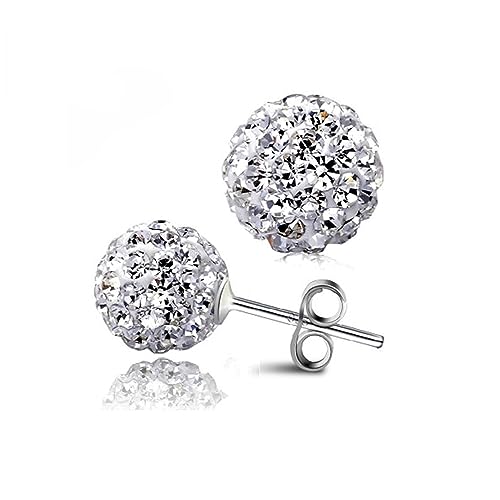 Bellitia Jewelry Pendientes de Botón de Cristal en Forma de Bola de Plata de Ley 925 Aretes Shamballa de Cristal Diamantes CZ para Mujer, 6MM 8MM 10MM