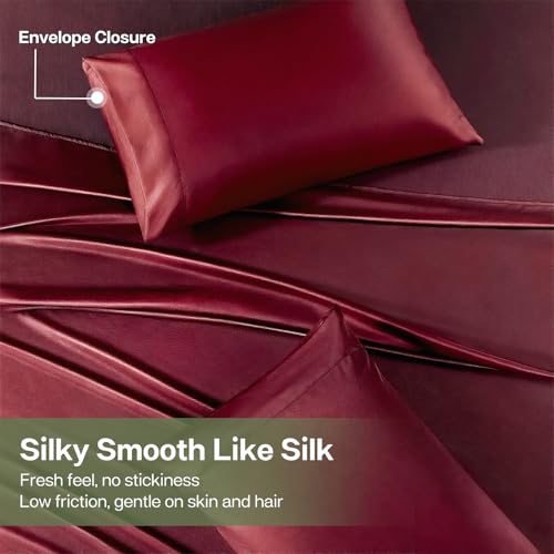 MR&HM Queen Sheet Set, 4-Piece Cooling Sheets, Rayon Derived from Bamboo & Polyester Blend, Soft & Silky, 15" Deep Pockets with Elastic Straps, Hotel Luxury for Hot Sleepers, Burgundy