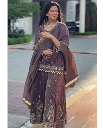 Image of Plazzo Top For Women's And Girls For Style Premium Twil Gold Net Fabric With Embroidery 5 mm Sequence Work wedding bollywood party girls wear Arohi-153
