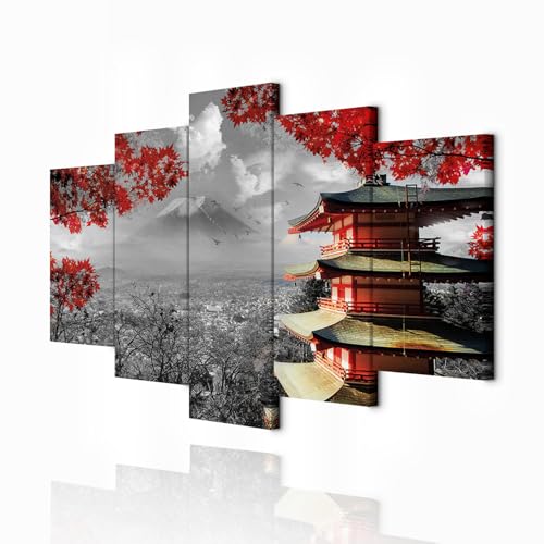 decomonkey - Impression sur Toile Campagne 150x75 5 Pièces - Tableau Décoration Appartement Déco Salon Peinture sur Toile Architecture nuages arbres montagnes japon paysage nature panorama