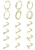 Diamday 18 Unidades Piercing Nariz Mujer Hombre 18G Acero Quirúrgico Hipopirénico Oro 14K Stud Nasal Forma L Aros Serpiente Ópalo CZ Geométrico Piercing Nostril Hélice Trago Joyería Corporal