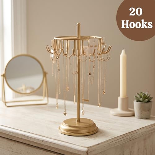 Image of ecofynd Metal Jewelry Organizer Stand with 20 Hooks, 360 Rotating 17-Inch Holder for Earrings, Necklaces, Bracelets & Rings, Space-Saving Display for Vanity, Dressing Table & Home (Gold, JS012)