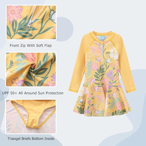 Image of Aisyee Girls One Piece Swimsuits Swim Dress for Girls Long Sleeve Rash Guard Bathing Suits Hawaiian Skirt Swimwear 3-16 Years