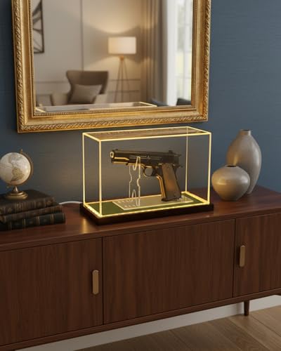 Image of Premium Acrylic Pistol Display Case with Amber Yellow LED Light, Solid Wood Base & Built-in Stand | UV Resistant Pistol Display Box for Gun Collector, Fits Most Pistols - 12 inch x 5.3 inch x 7.5 inch