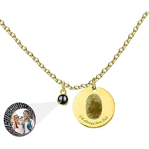 Personalized Photo Necklace Custom Photo Projection Necklace with Picture Inside Round Pendant Customized Engraved Actual Fingerprint Necklace Memorial Jewelry Gift Christmas Mom Gift Cover