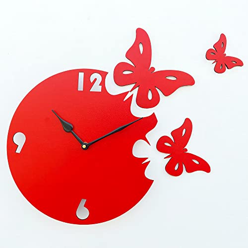 Red Wall Clocks for Bedroom | Wall Clock for Living Room | Designer Wooden Butterfly Clocks for Home/Wall Decor 10 Inch by Sehaz Artworks