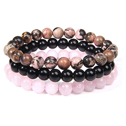 SAIBANGZI 3 PCS Beads Bracelet Natural 8mm Stone Bracelet for Women Crystal Bracelet Black Onyx Rose Quartz Beaded Men Wrist Women Natural Stone Bracelet Sets Stackable Bracelets