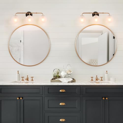 Image of KSANA Bathroom Light Fixtures, 3-Light Black and Gold Vanity Lights with White Frosted Glass Shade, 24.5-inch Modern Bathroom Lighting Over Mirror