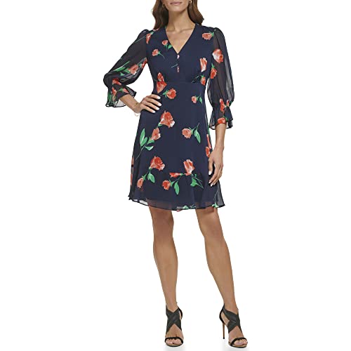 Image of DKNY Women's V-Neck Balloon Sleeve with Ruffle Hem