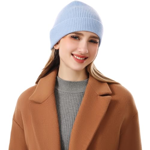 Womens Cashmere Beanie 100% Pure Mongolian Cashmere Knit Hat Soft Lightweight Winter Beanie for Cold Weather Warm Slouchy Style for Everyday Wear with Gifted Box Blue