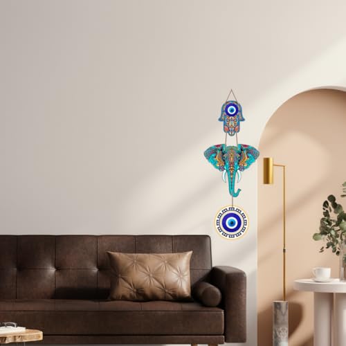 Image of DAKSHESTRY ARTWORKS Evil Eye Wall Hanging | Nazar Protection Hanging with Elephant & Hamsa Hand | Boho Spiritual Home Decor | Ready to Hang Decorative Wall Accent (ewh)