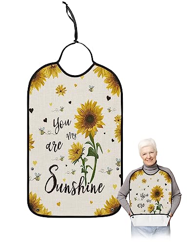 Kewadony Adult Bibs for Elderly Women - Sunflowers Bee Waterproof Dining Clothing Protectors with Crumb Catcher for Eating/Feeding, My Sunshine Rustic Terry Cloth Bib Machine Washable