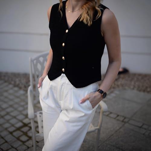 Image of Women's Striped Cropped Knit Vest - Sleeveless V Neck with Gold Buttons, Business Casual Multi-Season Layering Top