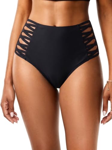 Holipick Women Black High Waisted Bikini Bottoms Tummy Control Swimsuit Bottoms Strappy Swim Bottom L