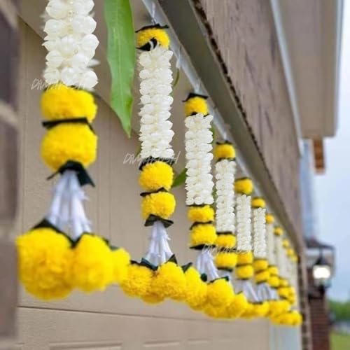 Image of Divyakosh Garlands for Home Decoration, Marigold-Jasmine Hangings (Pack of 10 Pcs, Size 18 Inch Each) | Marigold-Jasmine-Lily-Green Leaves Hangings | Mandir Pooja Room, Wedding Decoration |