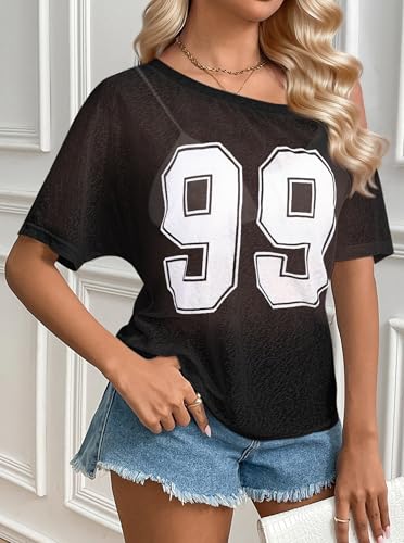Image of Hilinker Women's Sheer Off The Shoulder Tops See Through Sexy Short Sleeve Mesh Shirt Summer