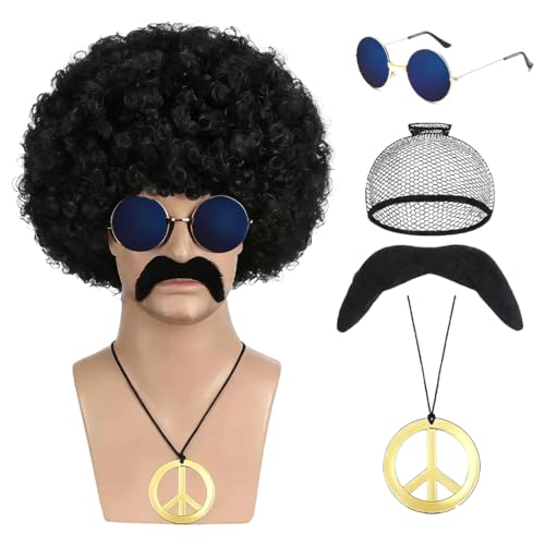Photo de Ensemble de costume hippie, perruque afro, lunettes de soleil originales, collier symbole de la paix, moustache de robinet autocollante pour carnaval