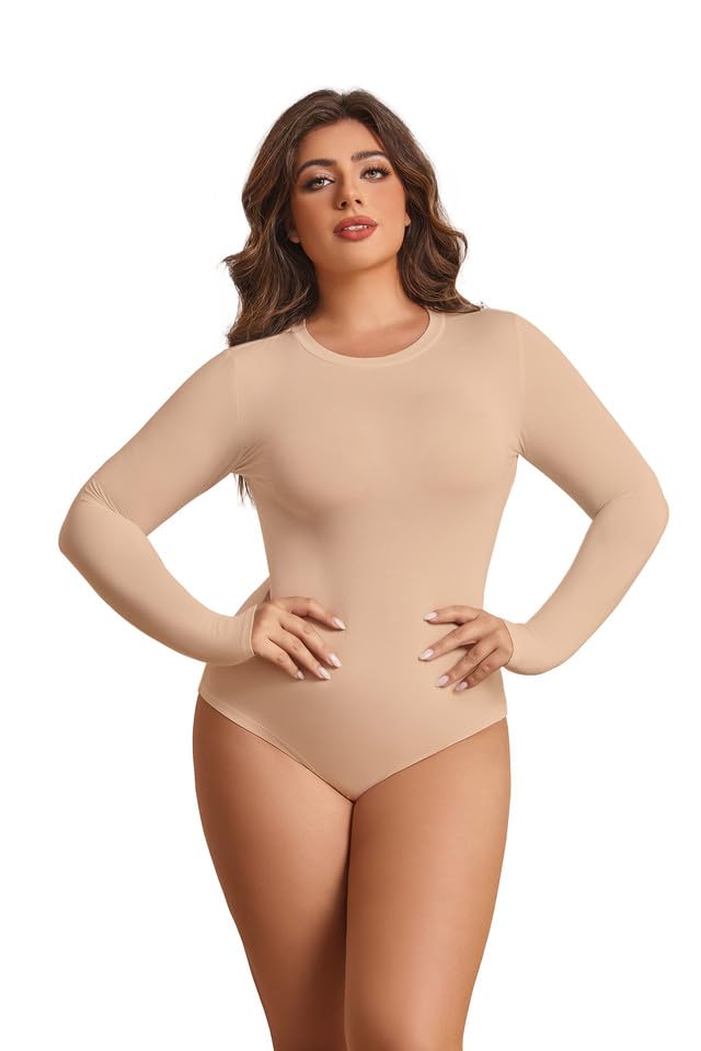 POSESHE Women's Plus Size Long Sleeve Bodysuit Soft Round Neck Bodysuits for Women, S-5XL - Main Image